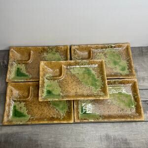 Vintage Set 5 Ceramic Brown Green Drip Glaze Sushi Serving Dish Platters Plates
